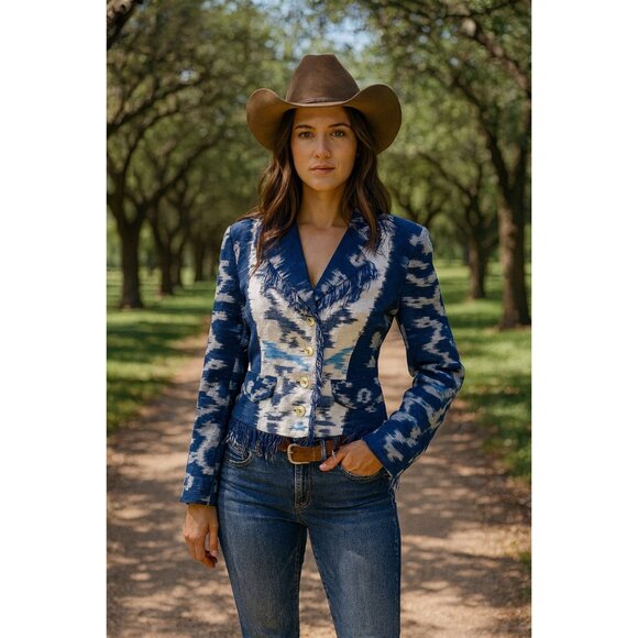 Blue White Ikat Southwest Fringe Blazer Jacket Women M Equator Cotton Cowgirlcor